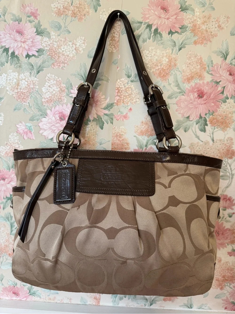 Coach Beige and Brown Signature Canvas Shoulder Bag